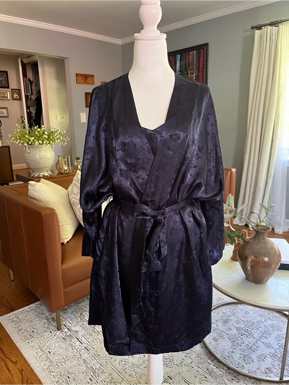 VTG. Cacique Navy Floral Jacquard Satin Slip & Matching Robe Sz. L NWT 1990’s